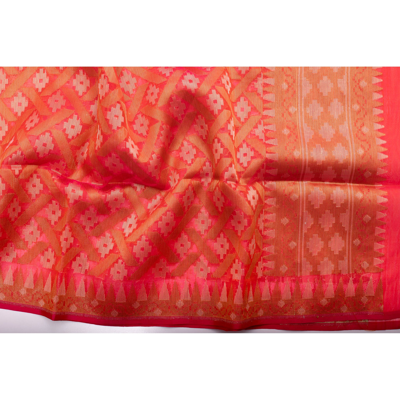 Peachy coral kora by silk geometric design dupatta