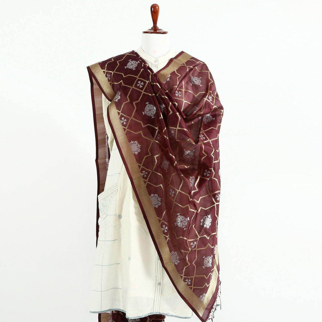 Maroon Handloom Silk Dupatta - Mahaveers Sarees Pvt Ltd